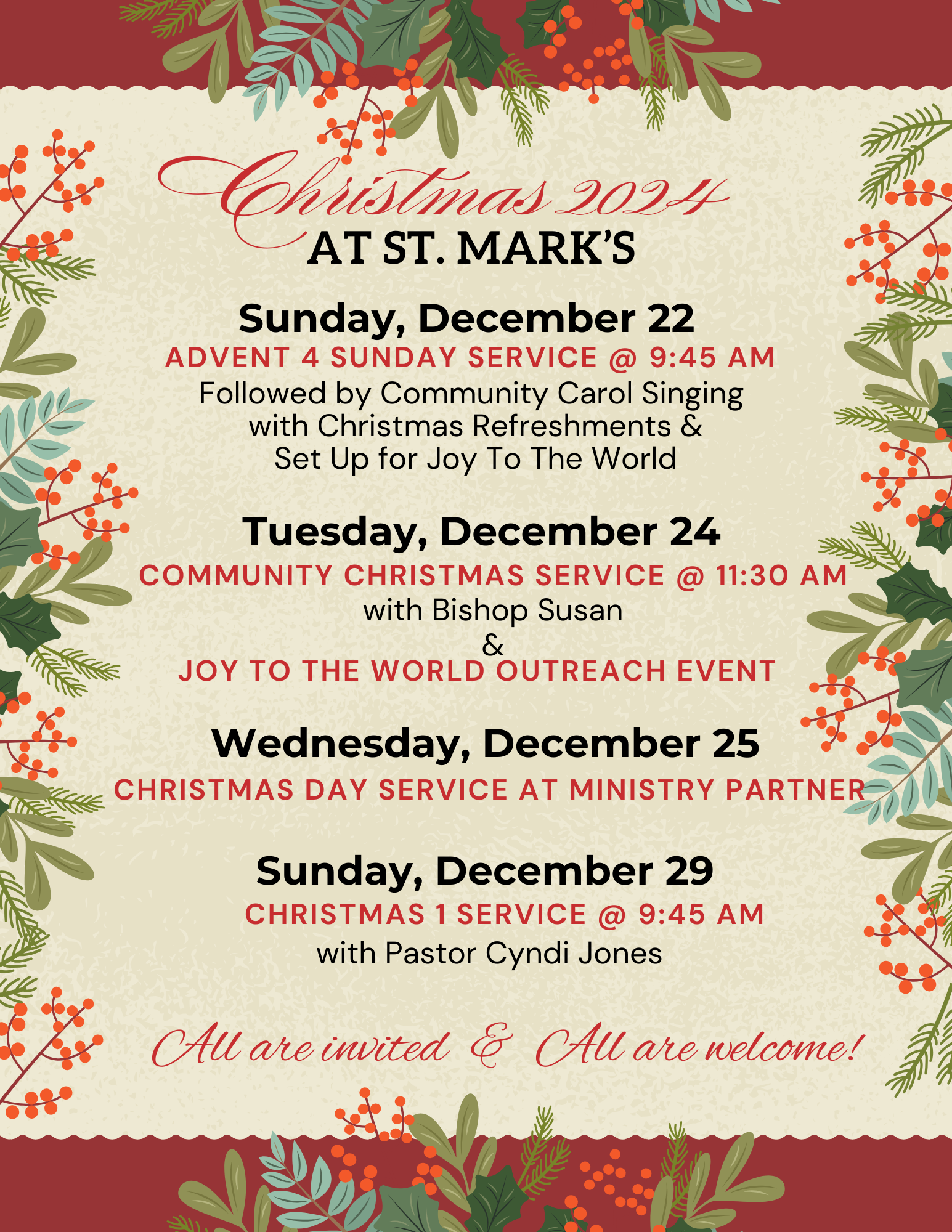 Graphic listing Christmas 2024 services and events.