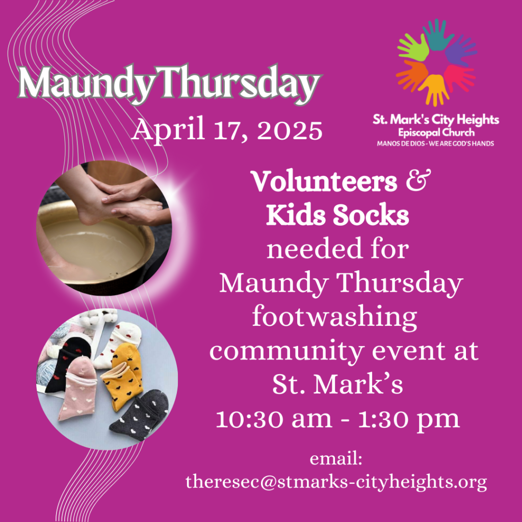 Graphic with call for volunteer help for Maundy Thursday Community Footwashing event