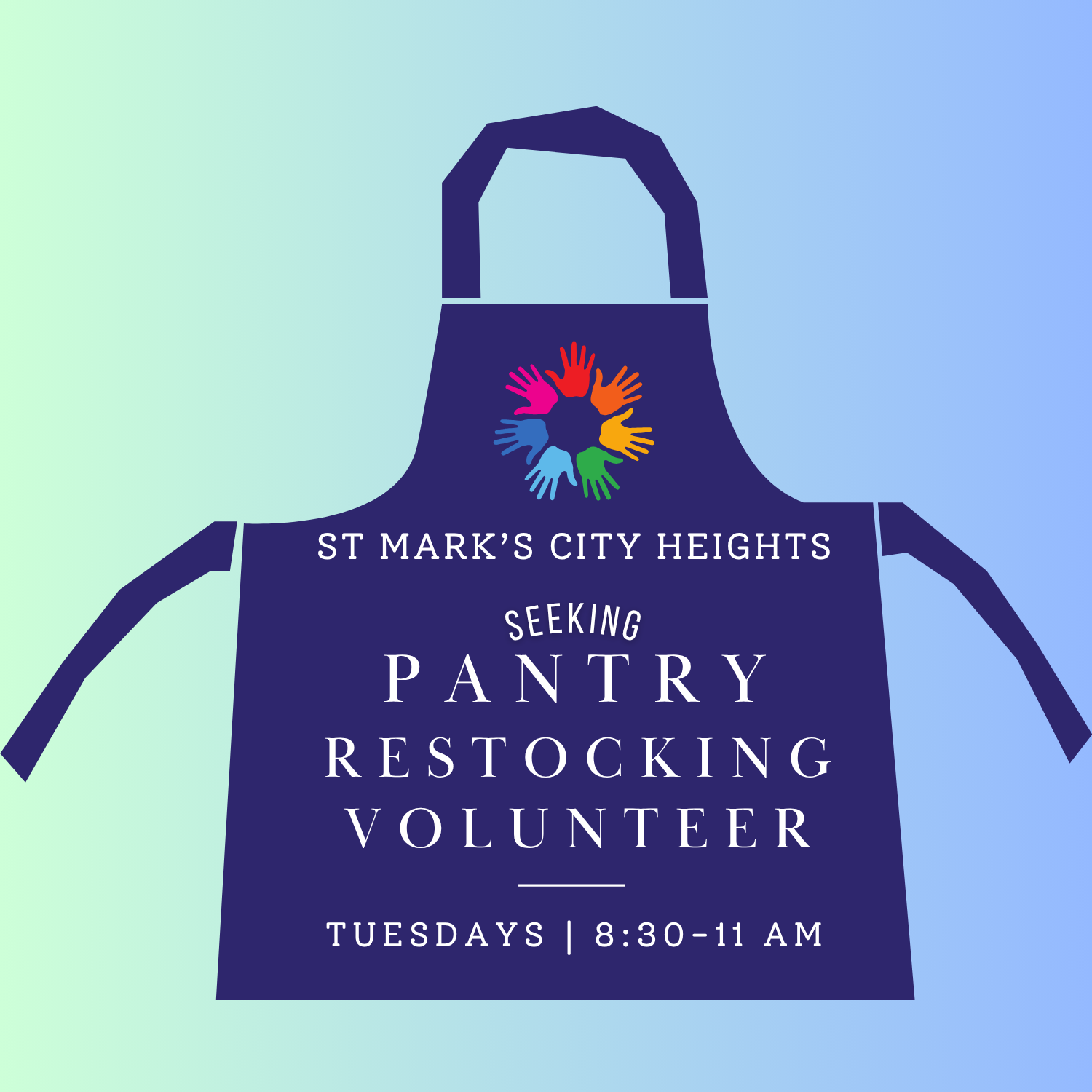 Graphic announcing the need for a pantry restocking volunteer: Tuesdays 8:30-11 am