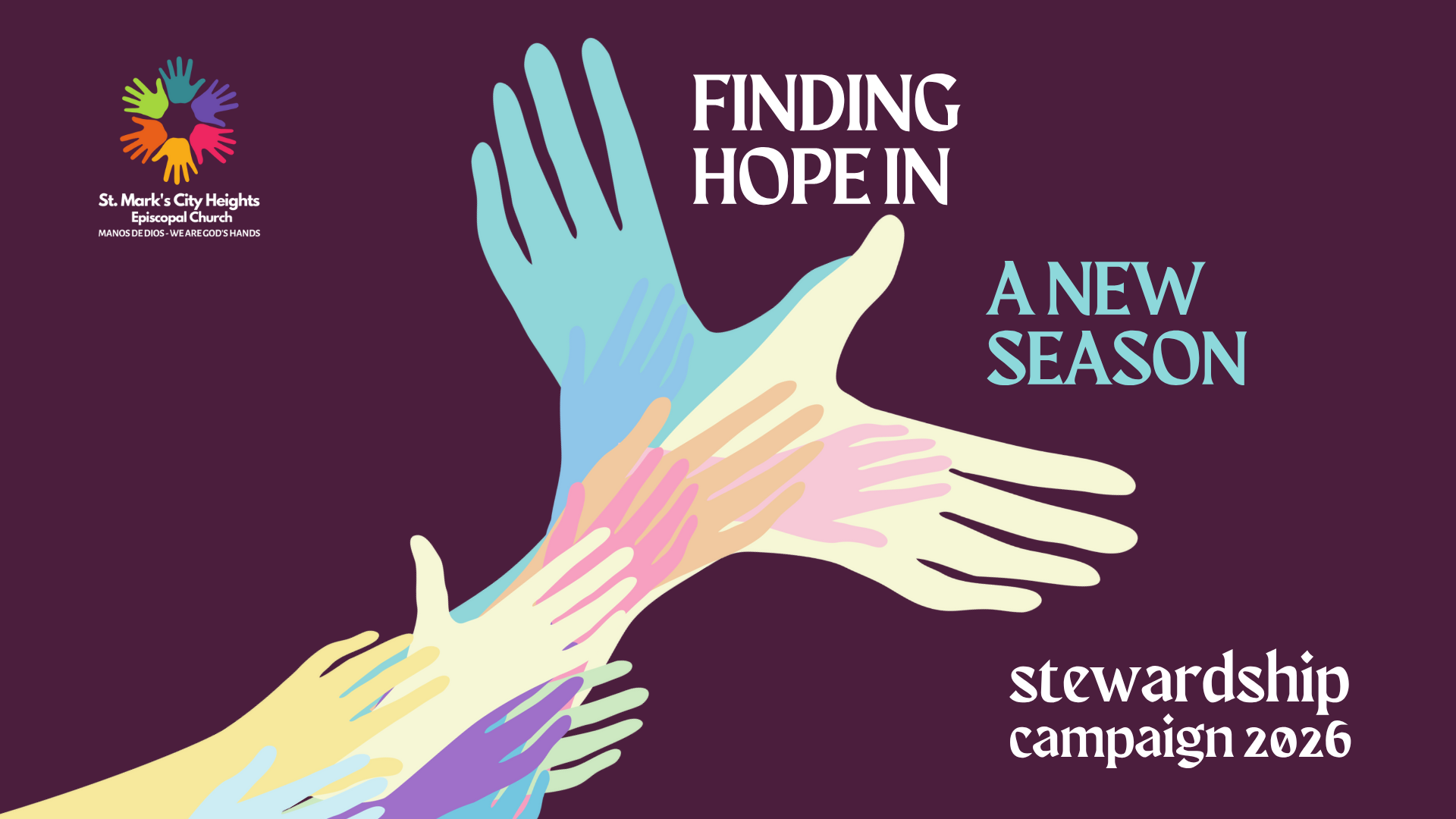 Graphic of multicolored hands in the form of a bird/eagle in flight