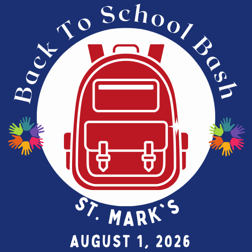 Back To School Bash St. Mark's August 1, 2026 logo. Red backpack in white circle, with white text on blue background surrounding the circle.