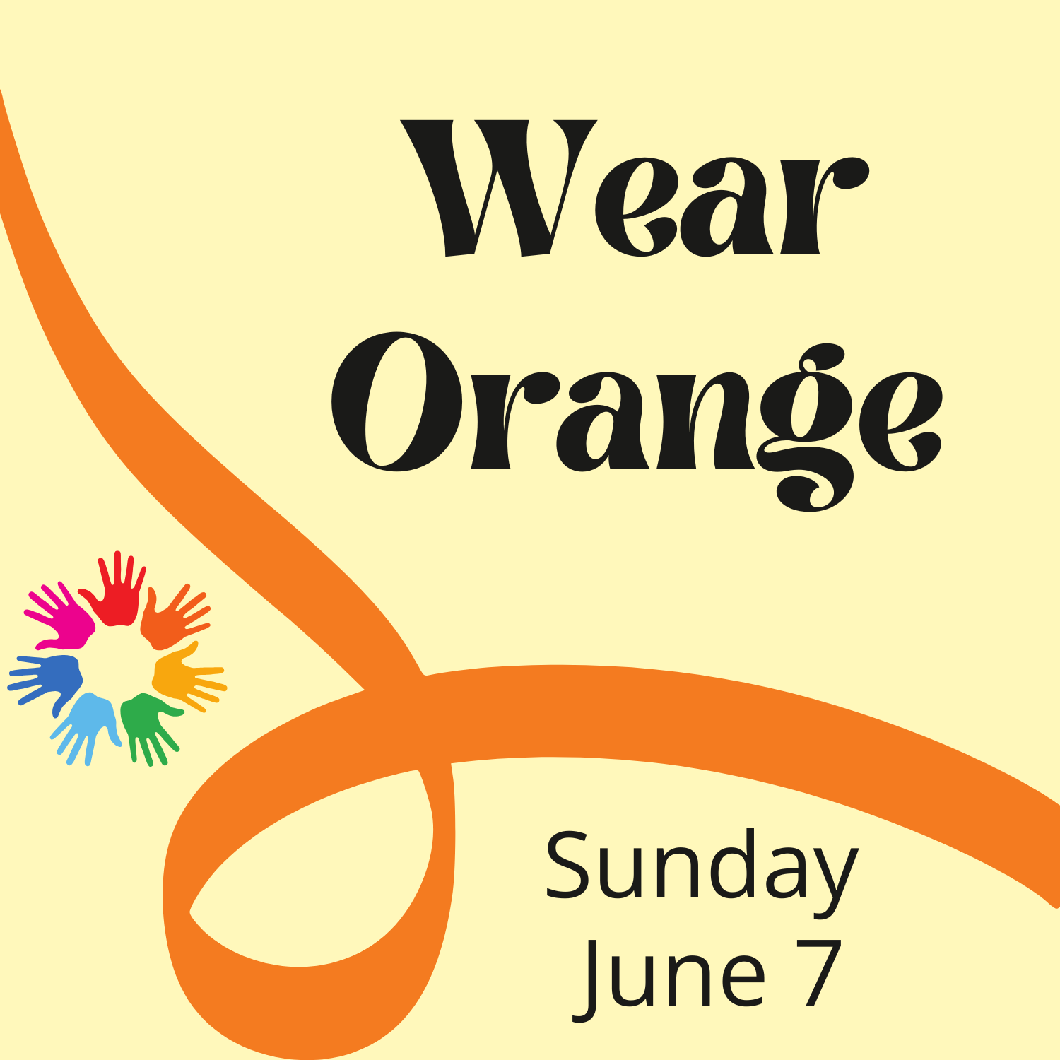 Yellow background with orange ribbon. Words above ribbon: Wear Orange, words below ribbon: Sunday June 7. St. Mark's hand logo on left edge.