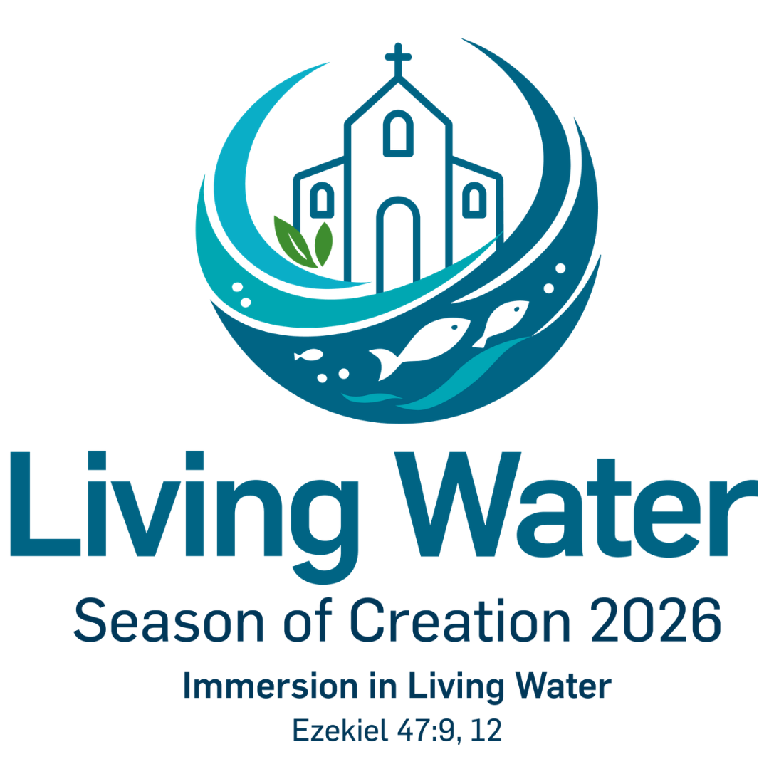 Season of Creation 2026 Logo: Living Water, church surrounded by swirling water containing fish in form of a globe in various blue colors
